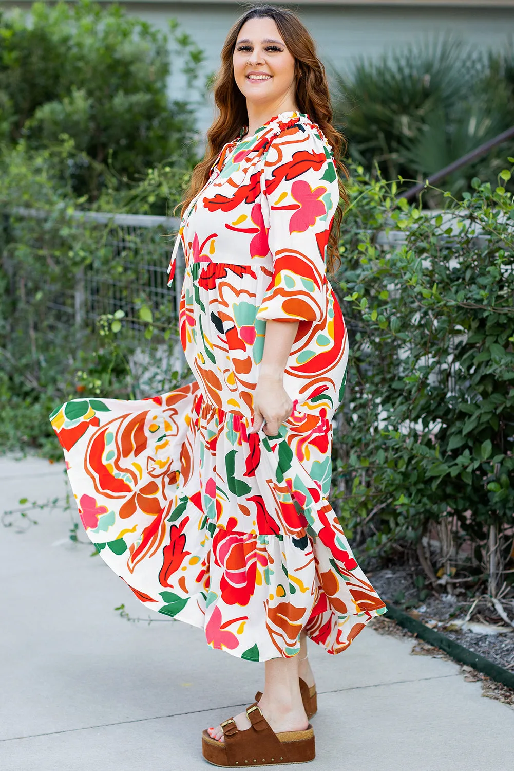 Orange Floral Print Drawstring V Neck Tiered Plus Size Dress sold by Beagle Boutique