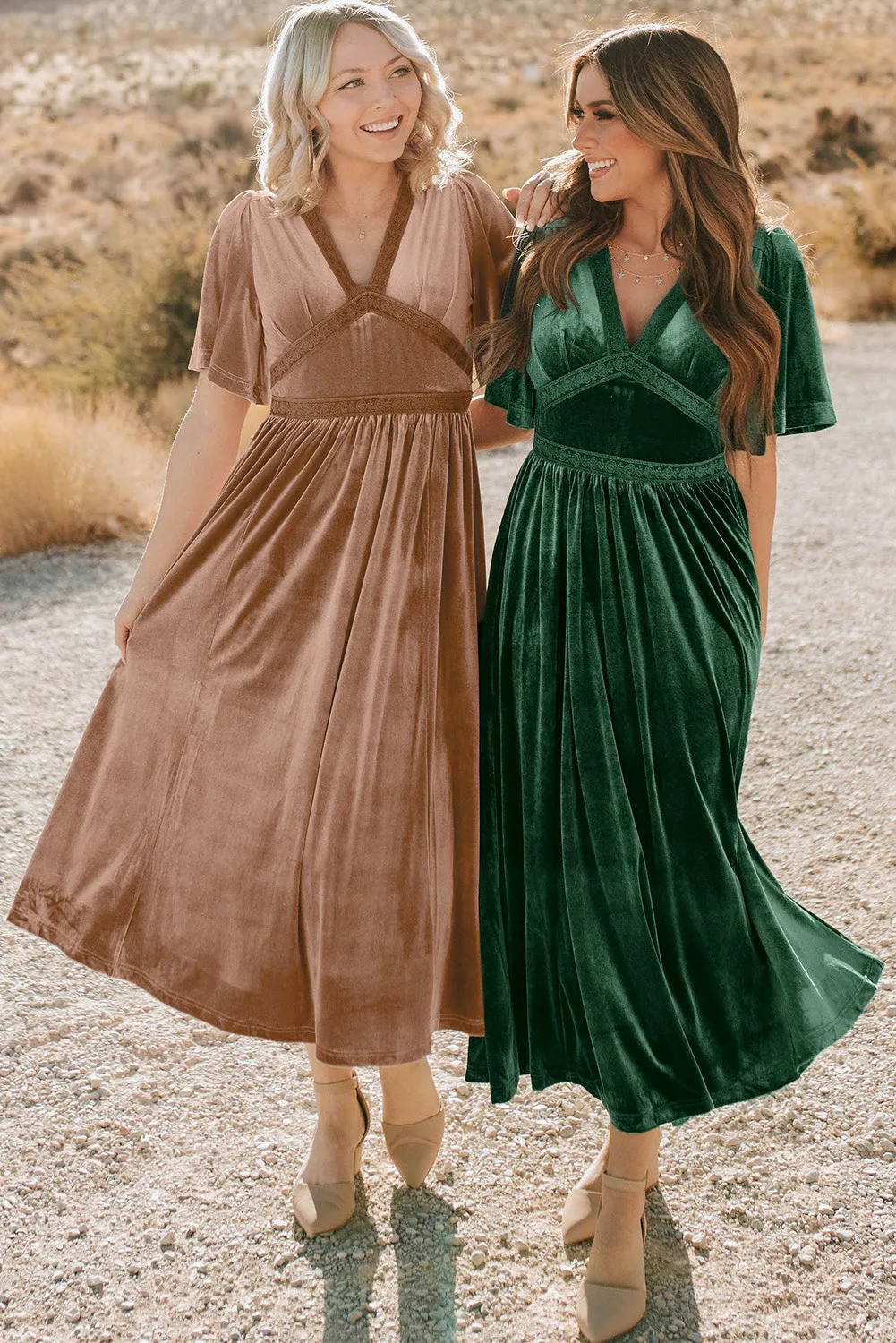 Chestnut Velvet Lacy V Neckline Short Sleeve Empire Waist Flowy Maxi Dress sold by Beagle Boutique product image thumbnail 3