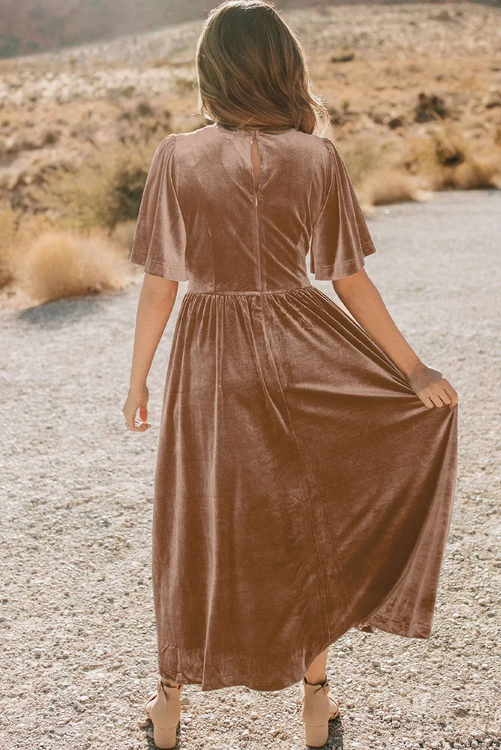 Chestnut Velvet Lacy V Neckline Short Sleeve Empire Waist Flowy Maxi Dress sold by Beagle Boutique product image thumbnail 2
