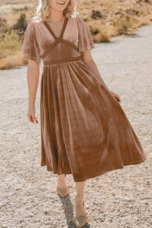 Chestnut Velvet Lacy V Neckline Short Sleeve Empire Waist Flowy Maxi Dress sold by Beagle Boutique