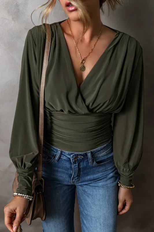 Moss Green Ruched Wrap V Neck Long Sleeve Bodysuit sold by Beagle Boutique