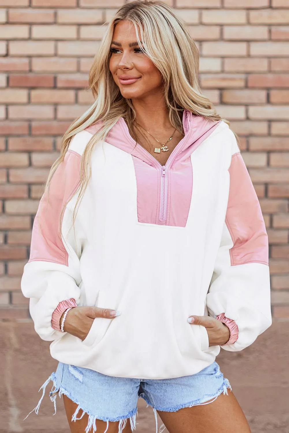 White Colorblock Patchwork Half Zip Oversized Sherpa Hoodie sold by Beagle Boutique