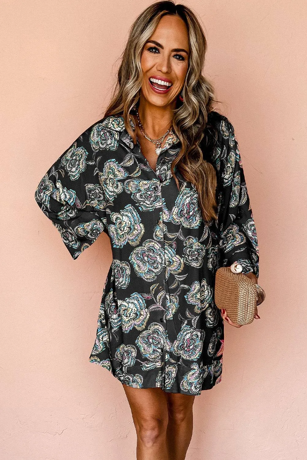 Black Floral Print Lapel Collar Loose Shirt Mini Dress sold by Beagle Boutique product image thumbnail 4