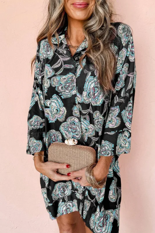 Black Floral Print Lapel Collar Loose Shirt Mini Dress sold by Beagle Boutique