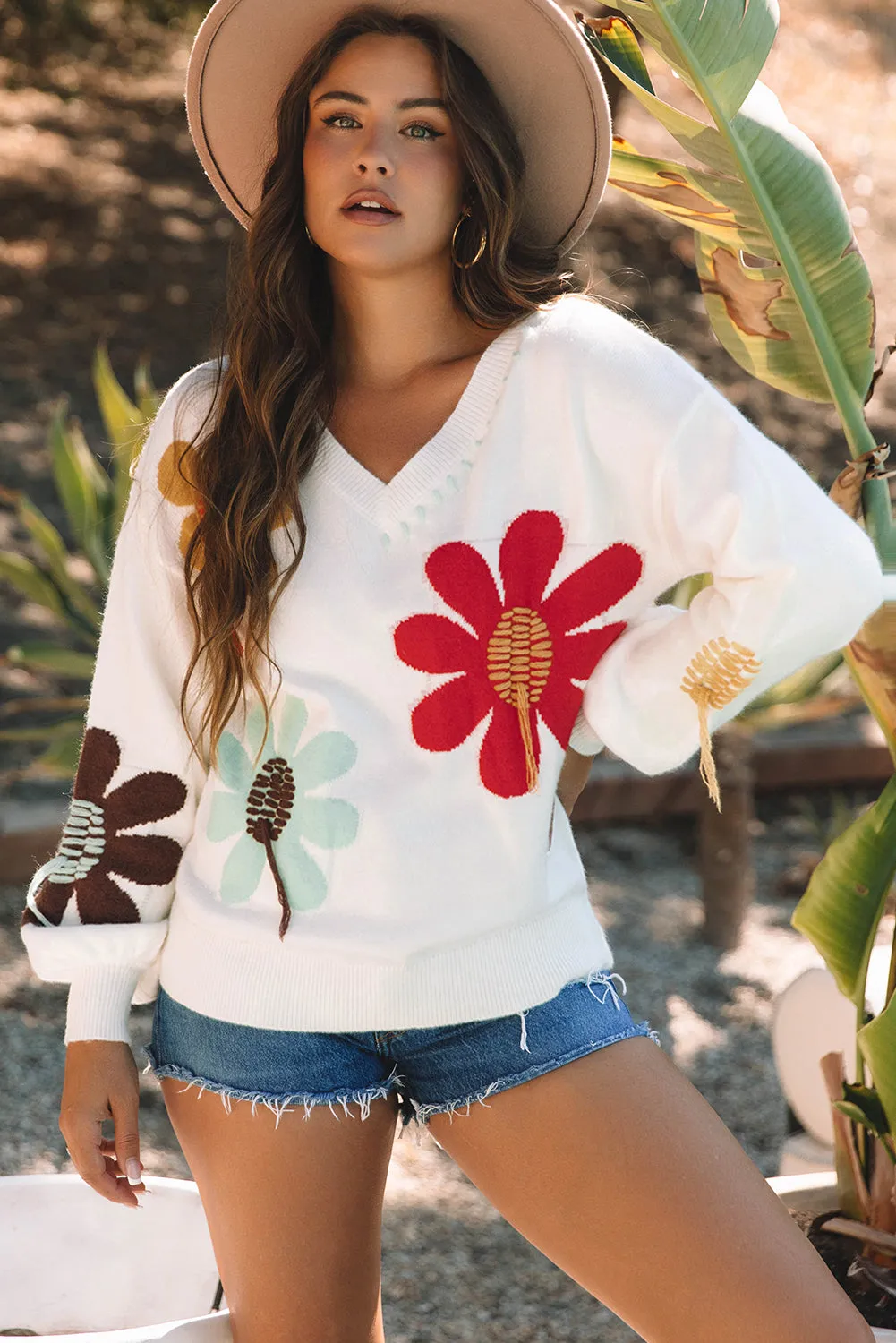 White Big Flower Pattern V Neck Drop Shoulder Sweater sold by Beagle Boutique product image thumbnail 4