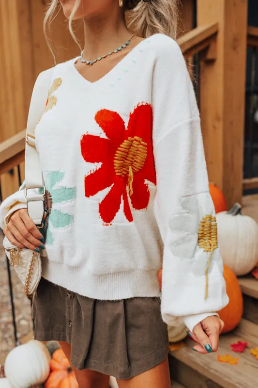 White Big Flower Pattern V Neck Drop Shoulder Sweater sold by Beagle Boutique