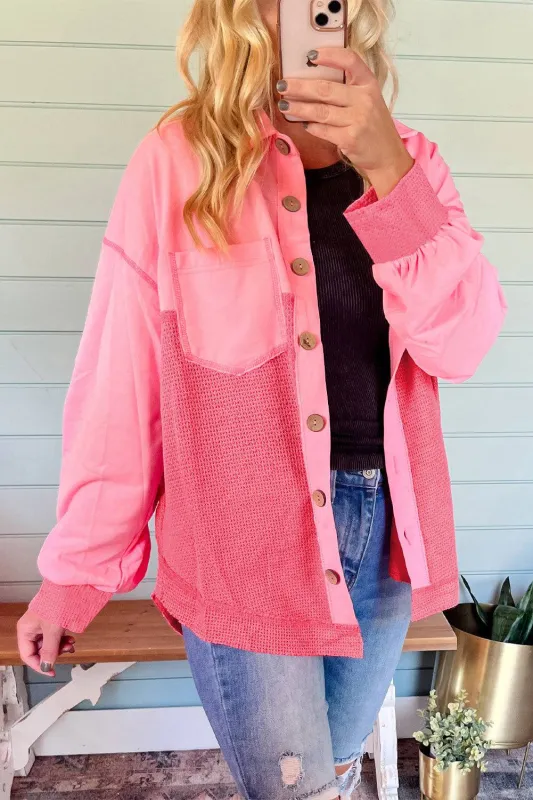 Peach Blossom Two Tone Contrast Waffle Knit Buttoned Loose Shacket sold by Beagle Boutique