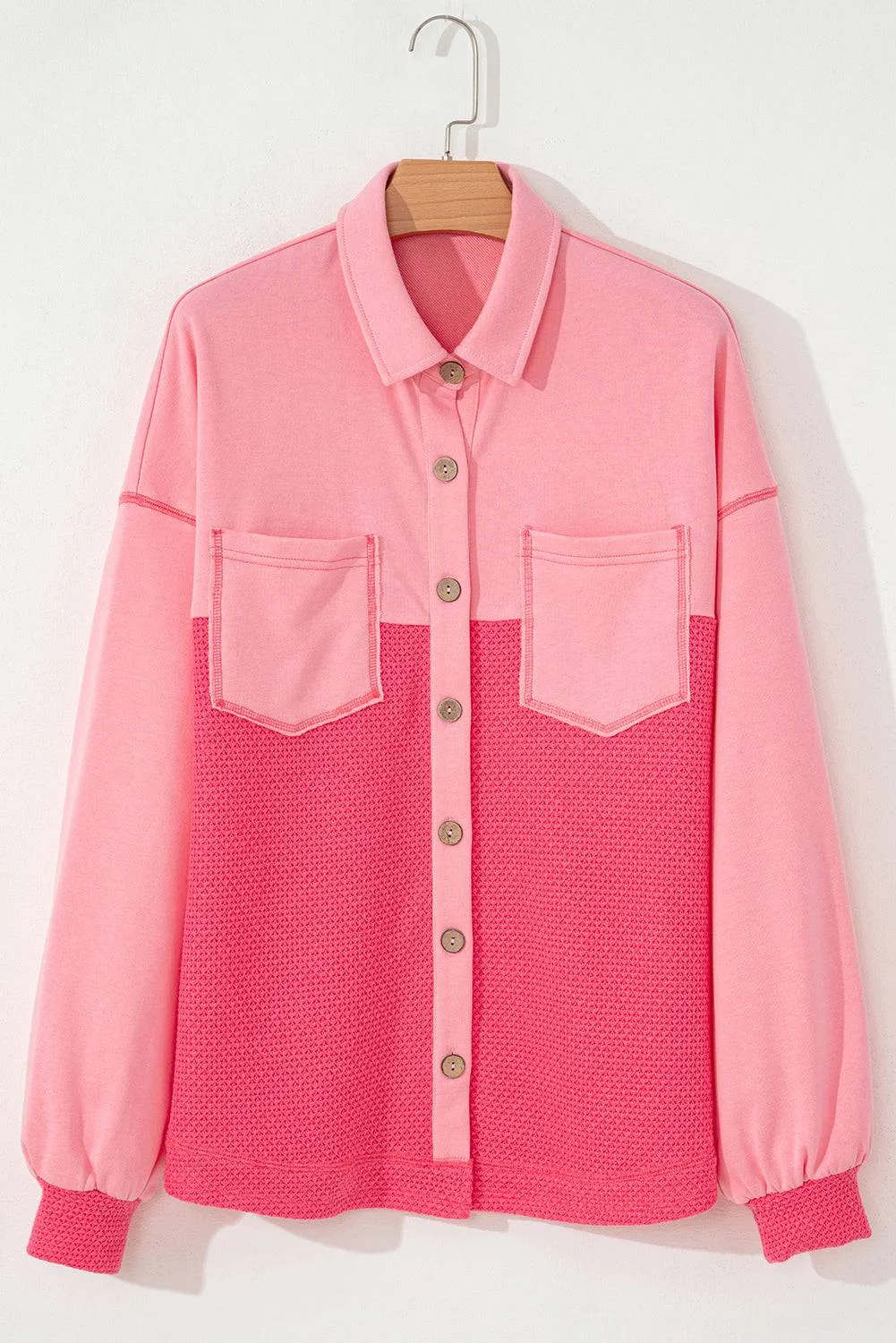 Peach Blossom Two Tone Contrast Waffle Knit Buttoned Loose Shacket sold by Beagle Boutique product image thumbnail 4