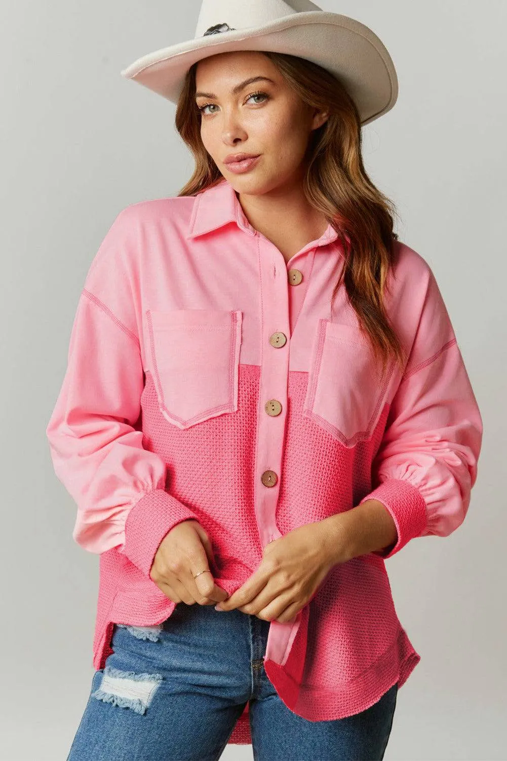 Peach Blossom Two Tone Contrast Waffle Knit Buttoned Loose Shacket sold by Beagle Boutique product image thumbnail 2