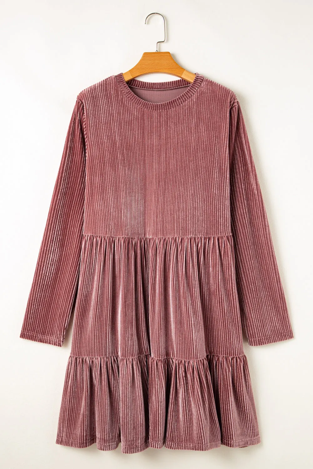 Apricot Pink Plus Size Velvet Ribbed Knit Tiered Ruffled Mini Dress sold by Beagle Boutique product image thumbnail 3