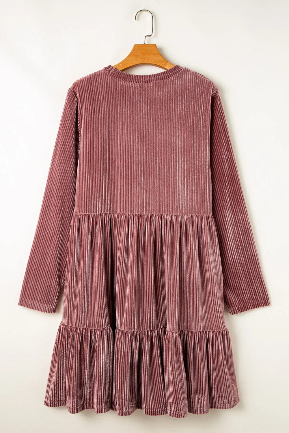 Apricot Pink Plus Size Velvet Ribbed Knit Tiered Ruffled Mini Dress sold by Beagle Boutique product image thumbnail 4