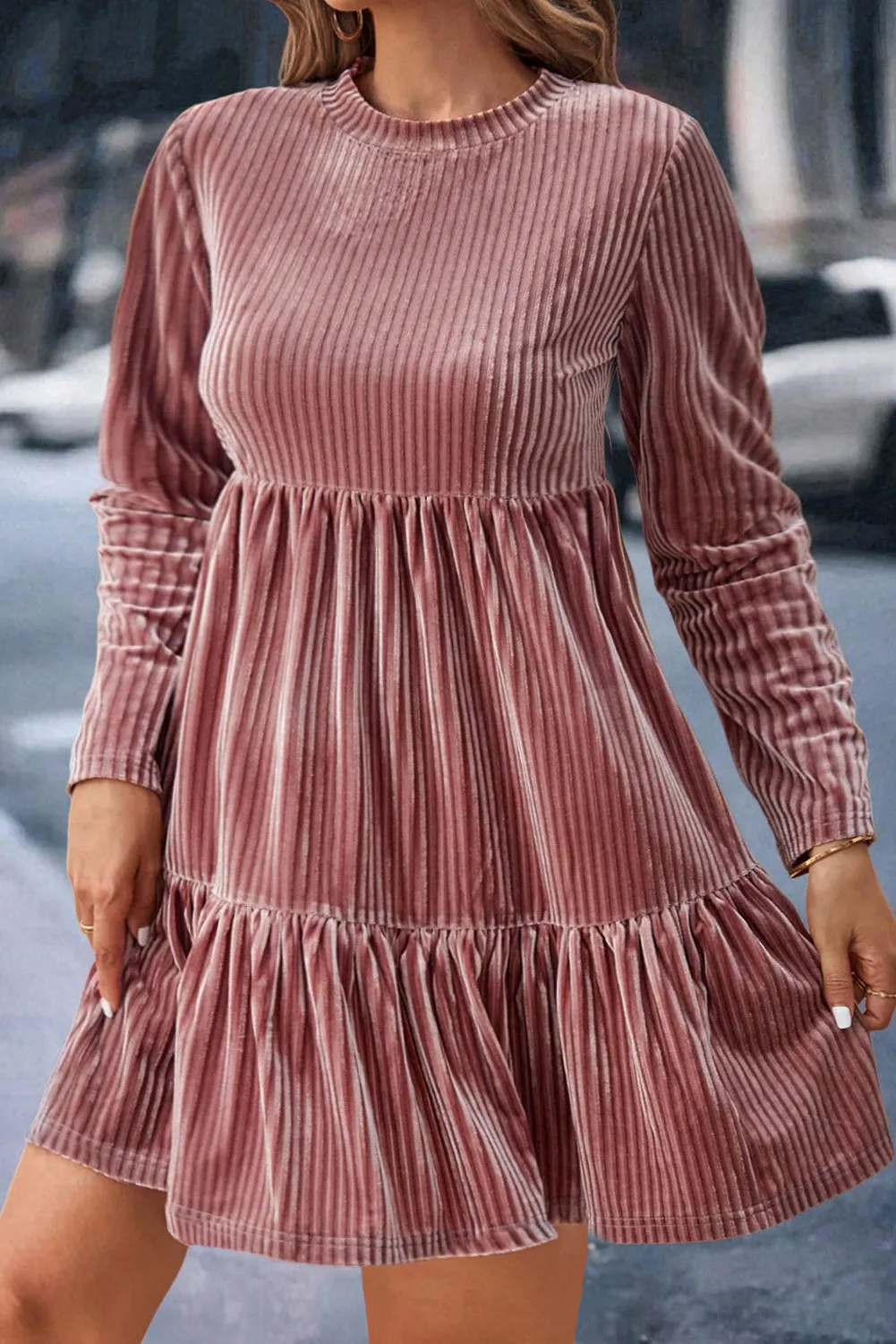 Apricot Pink Plus Size Velvet Ribbed Knit Tiered Ruffled Mini Dress sold by Beagle Boutique