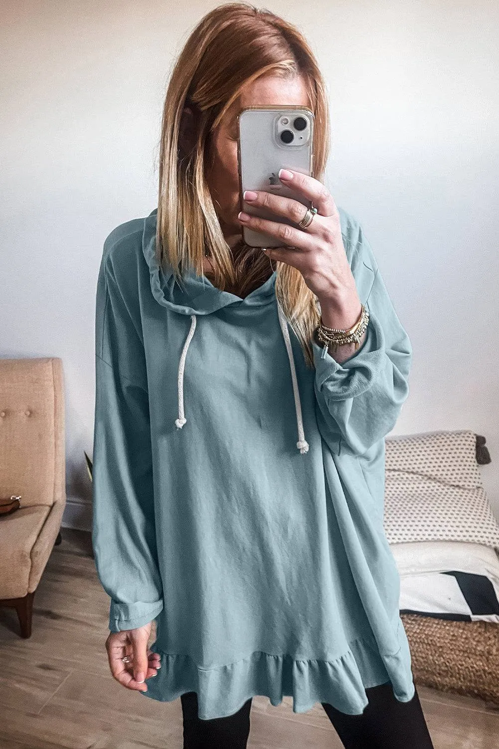 Iceland Blue Solid Ruffled Hem Loose Fit Tunic Hoodie sold by Beagle Boutique product image thumbnail 4