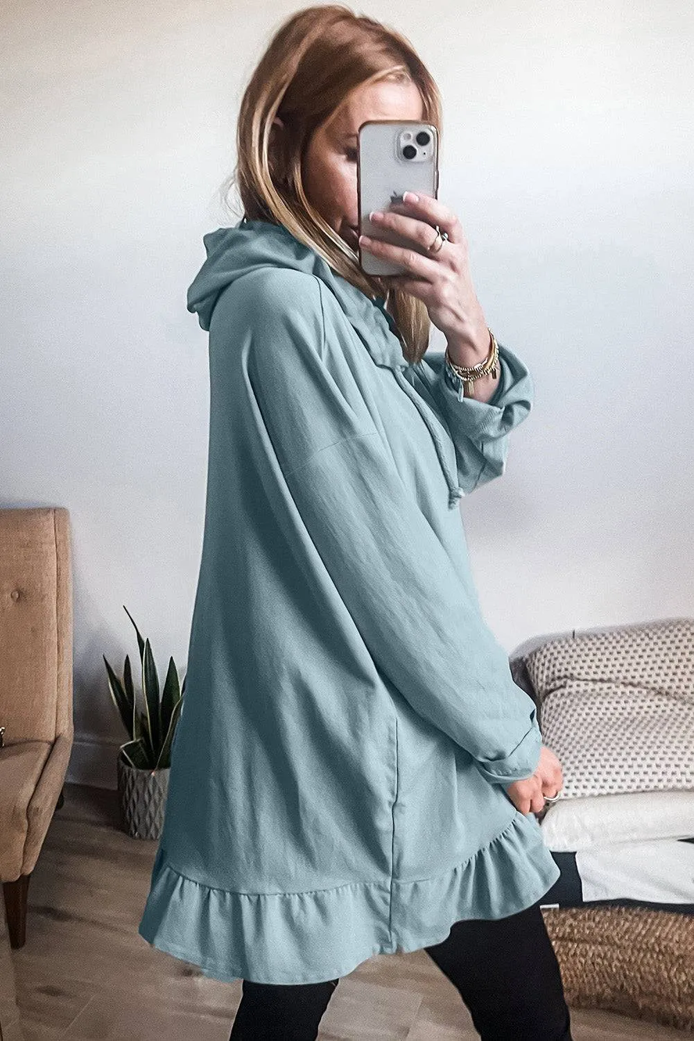 Iceland Blue Solid Ruffled Hem Loose Fit Tunic Hoodie sold by Beagle Boutique product image thumbnail 2