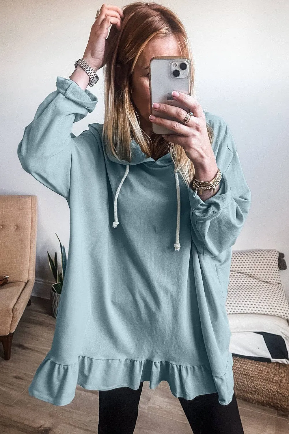 Iceland Blue Solid Ruffled Hem Loose Fit Tunic Hoodie sold by Beagle Boutique product image thumbnail 3