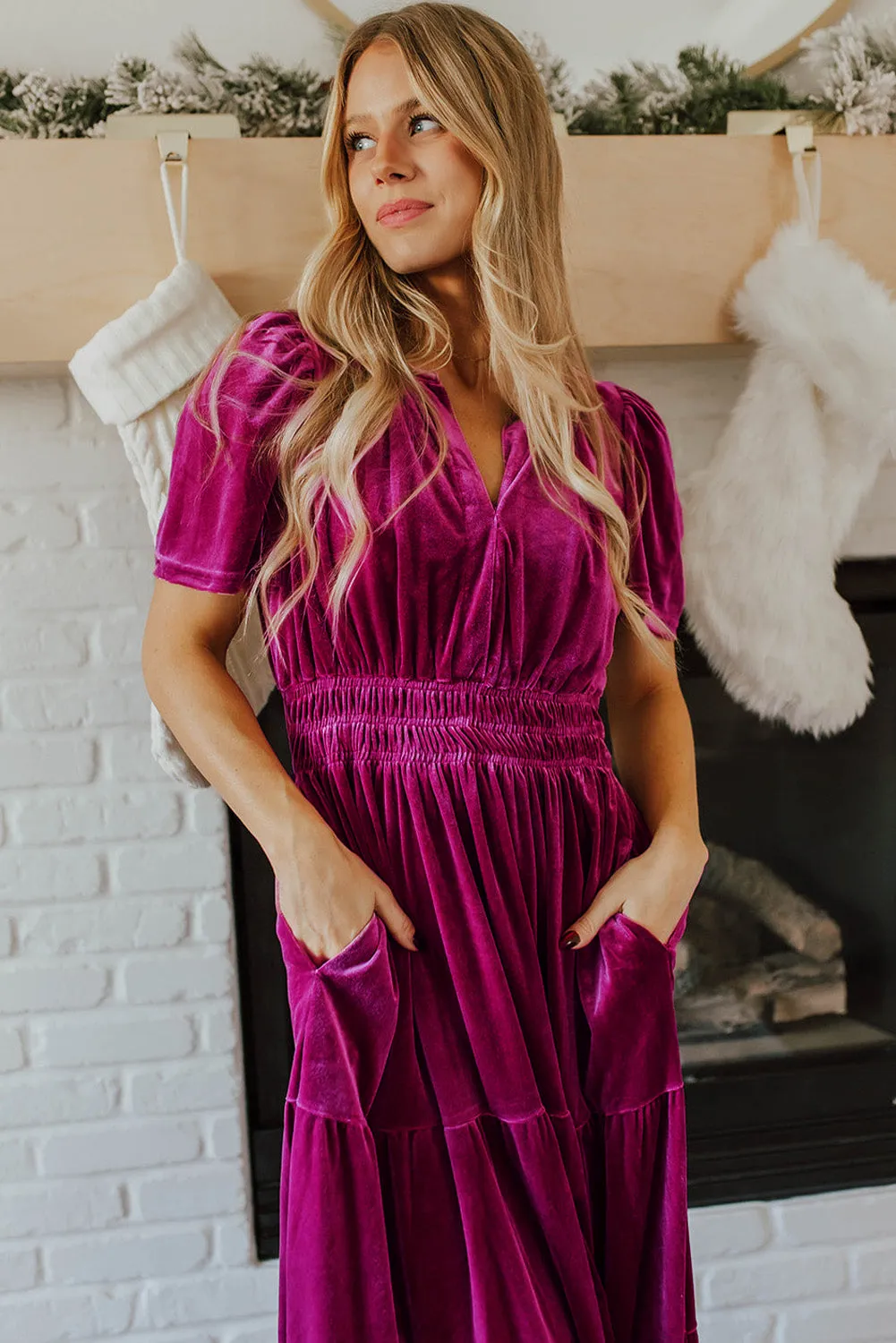 Velvet Short Sleeve Shirred Waist Tiered Maxi Dress sold by Beagle Boutique product image thumbnail 5