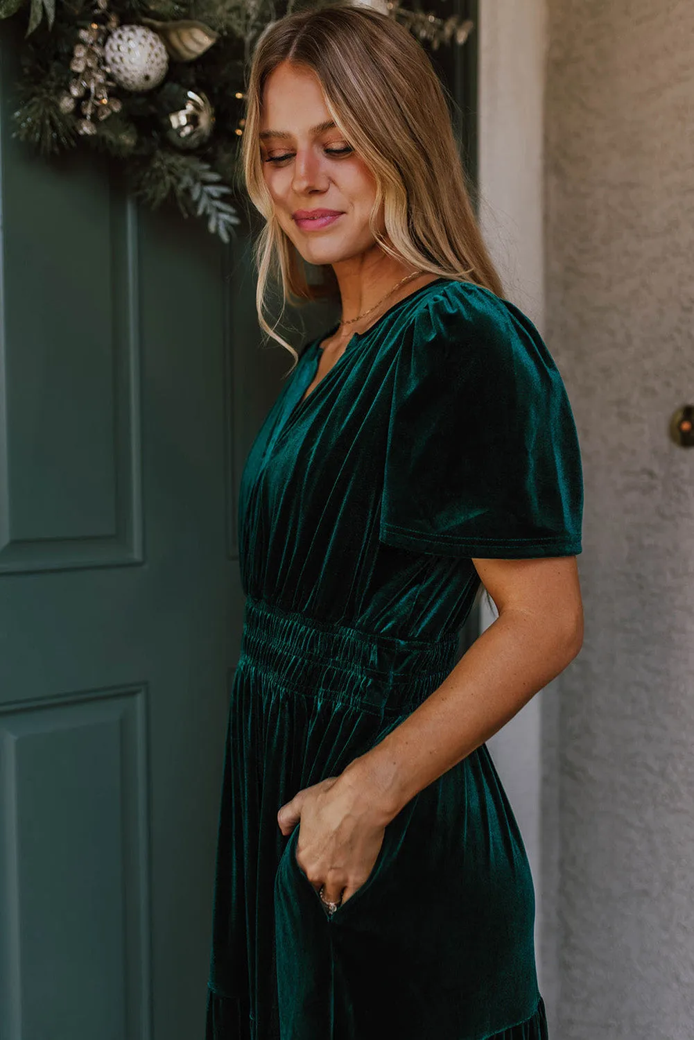 Velvet Short Sleeve Shirred Waist Tiered Maxi Dress sold by Beagle Boutique product image thumbnail 2