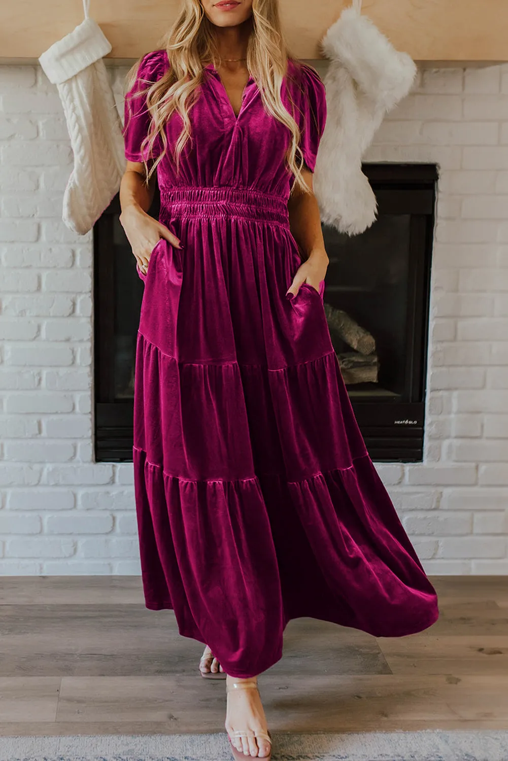 Velvet Short Sleeve Shirred Waist Tiered Maxi Dress sold by Beagle Boutique product image thumbnail 4
