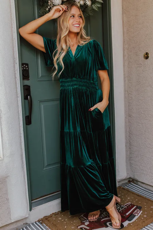 Evergreen Velvet Short Sleeve Shirred Waist Tiered Maxi Dress sold by Beagle Boutique