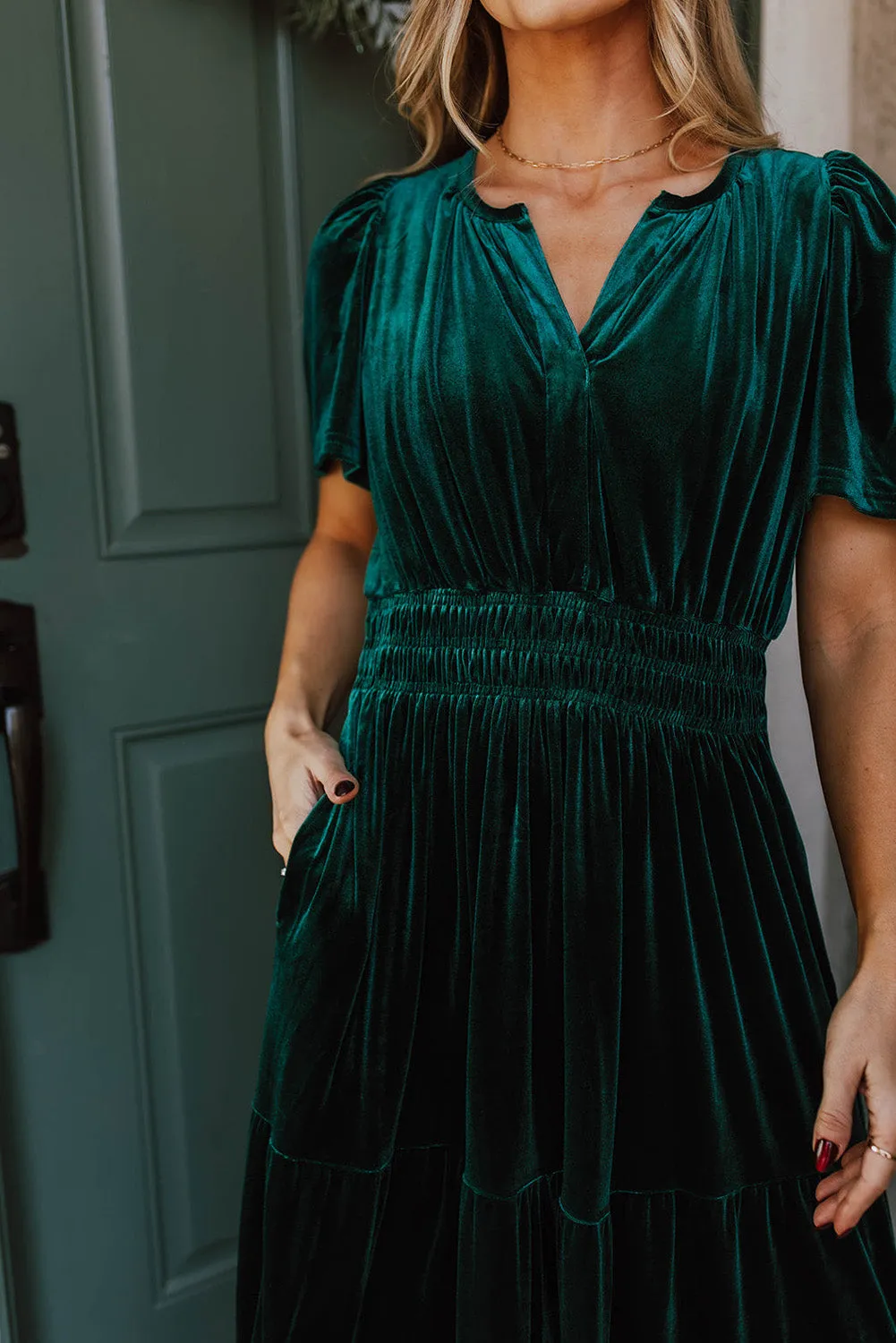 Velvet Short Sleeve Shirred Waist Tiered Maxi Dress sold by Beagle Boutique product image thumbnail 3