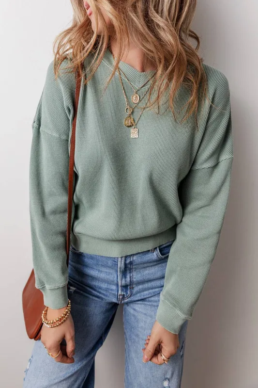 Clearly Aqua Waffle Knit Drop Shoulder V Neck Top sold by Beagle Boutique
