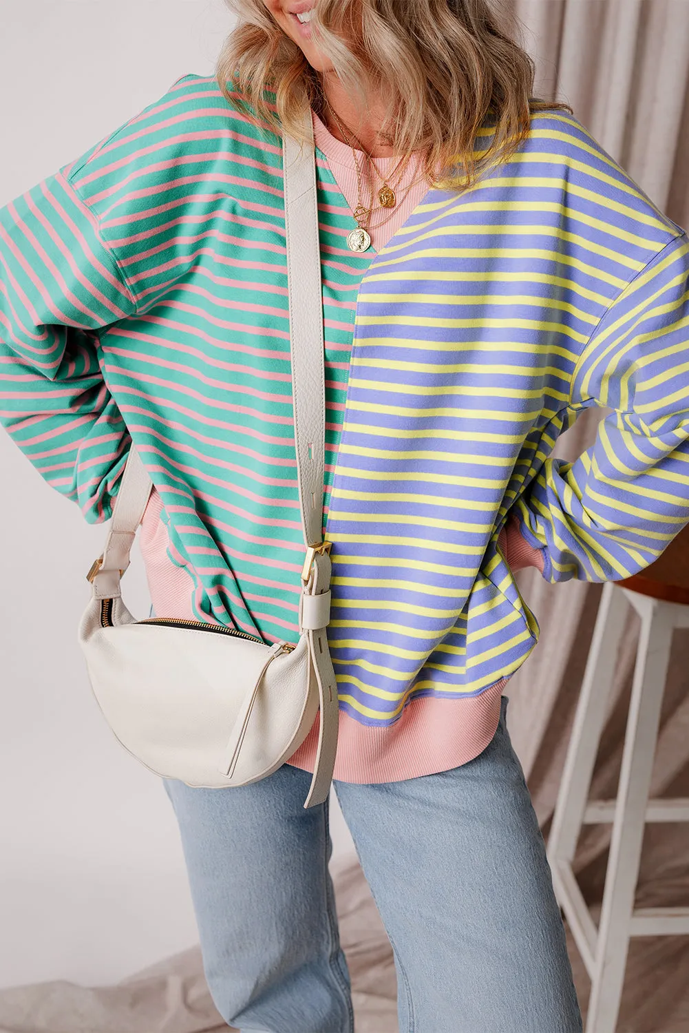 Brown Stripe Casual Stripe Colorblock Drop Shoulder Oversize Sweatshirt sold by Beagle Boutique product image thumbnail 2