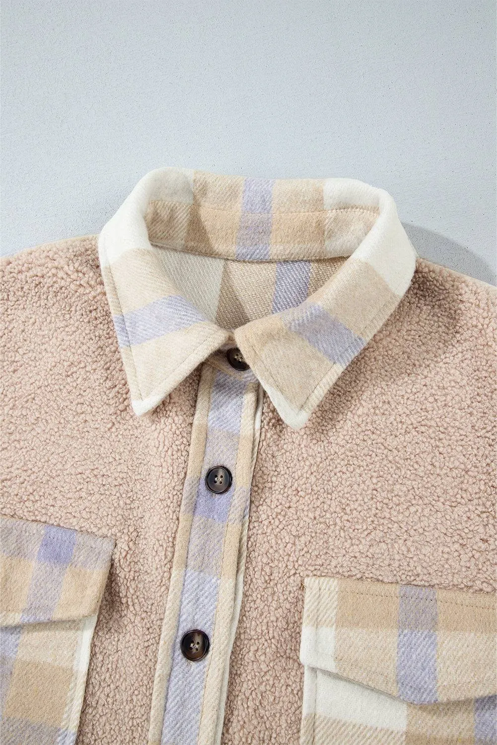 Smoke Gray Plaid Patchwork Collared Button-up Sherpa Long Coat sold by Beagle Boutique product image thumbnail 5