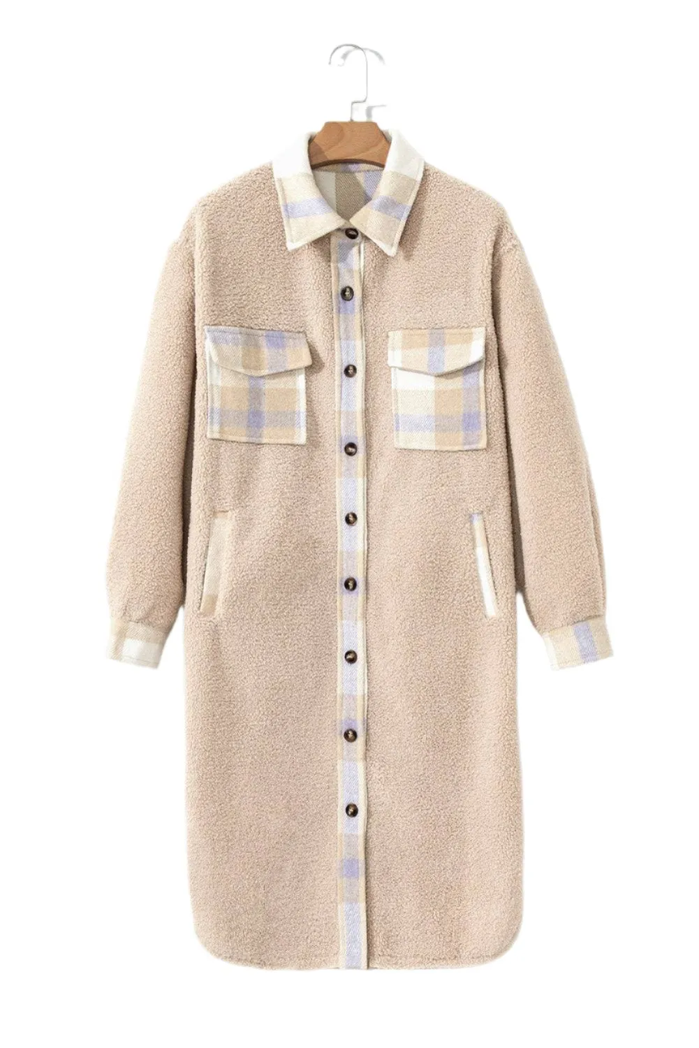 Smoke Gray Plaid Patchwork Collared Button-up Sherpa Long Coat sold by Beagle Boutique product image thumbnail 3