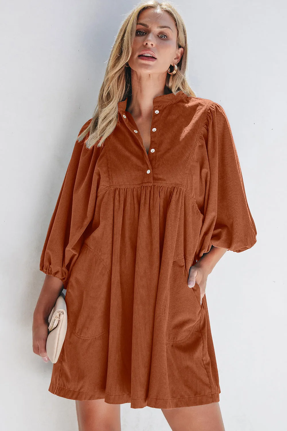 Ribbed Snap Buttons Empire Waist Bracelet Sleeve Dress sold by Beagle Boutique