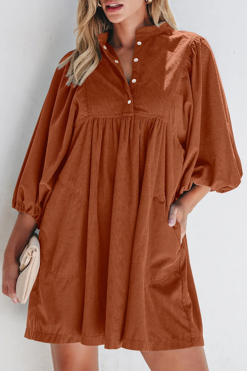 Ribbed Snap Buttons Empire Waist Bracelet Sleeve Dress sold by Beagle Boutique product image thumbnail 4