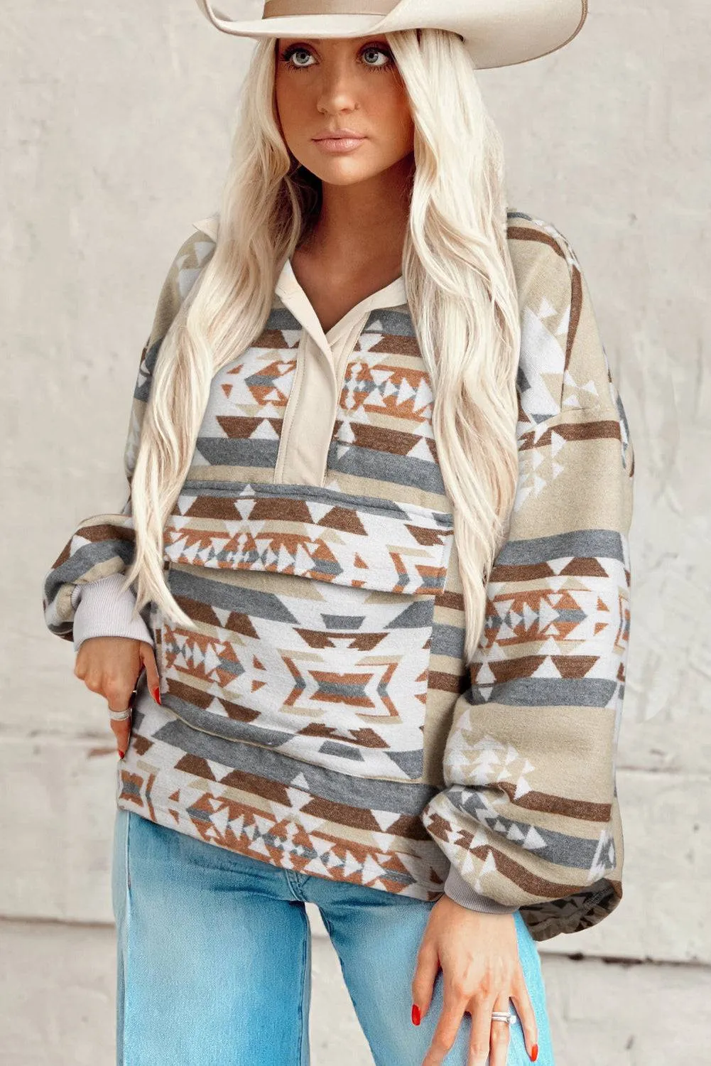 Apricot Aztec Print Collared Flap Pocket Sweatshirt sold by Beagle Boutique product image thumbnail 3