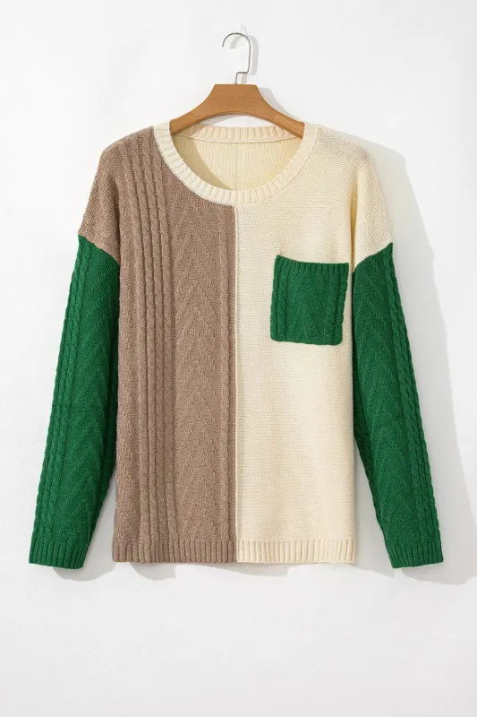 Mist Green Plus Size Cable Knit Color Block Drop Shoulder Sweater sold by Beagle Boutique