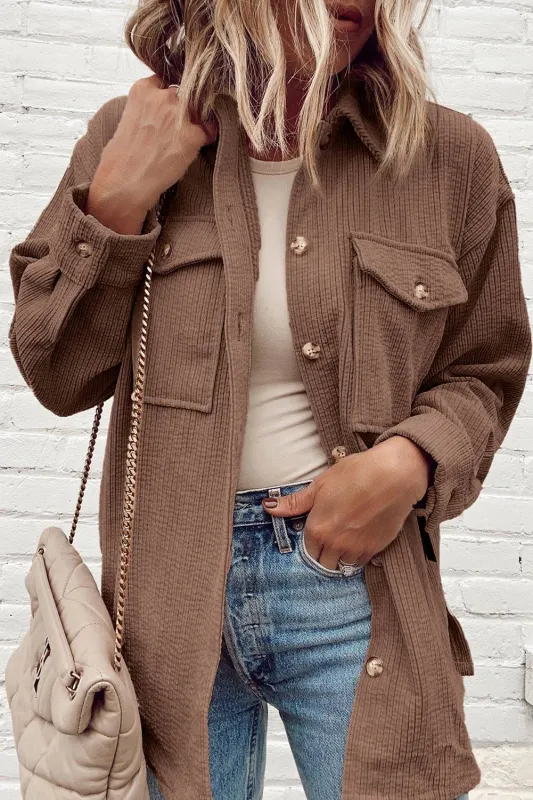 Chestnut Corduroy Flap Pocket Button Up Shacket sold by Beagle Boutique