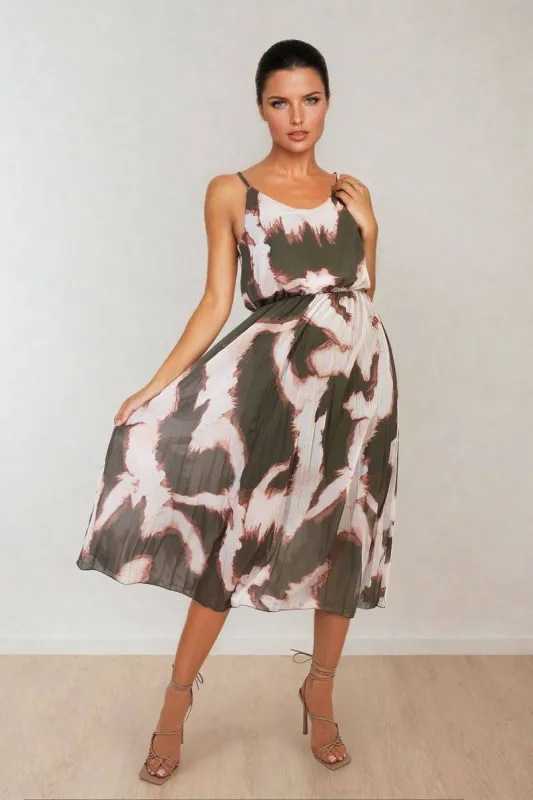 Printed Strappy Pleated Midi Dress sold by Beagle Boutique