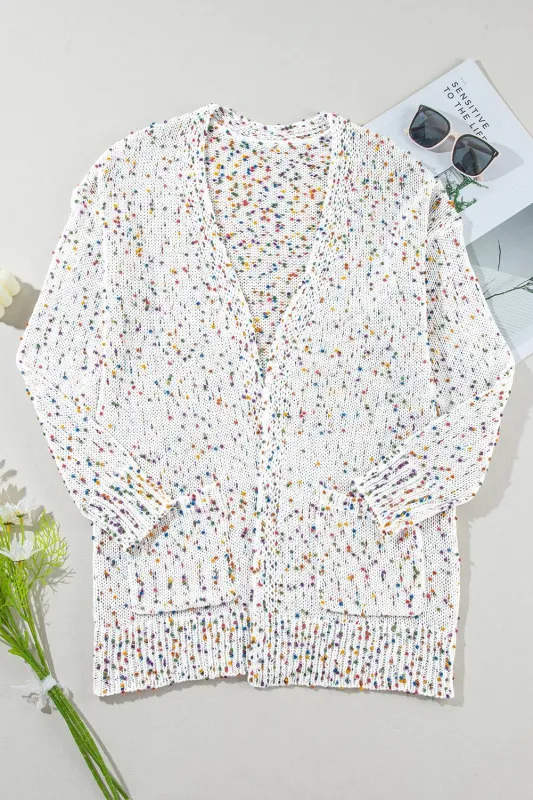 White Multicolor Dotted Rib Knit Long Sleeve Cardigan sold by Beagle Boutique
