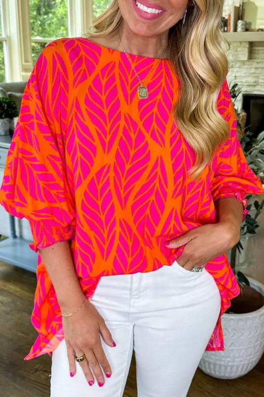 Rose Tropical Leaf Print Smocked Puff Sleeve Blouse sold by Beagle Boutique