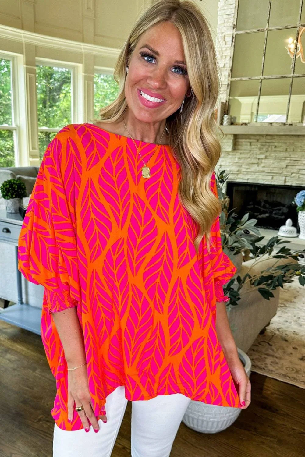 Rose Tropical Leaf Print Smocked Puff Sleeve Blouse sold by Beagle Boutique product image thumbnail 4