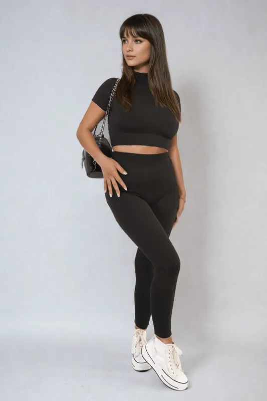 Ribbed Half Zip Crop Top and High Waist Leggings Co-ord Set sold by Beagle Boutique