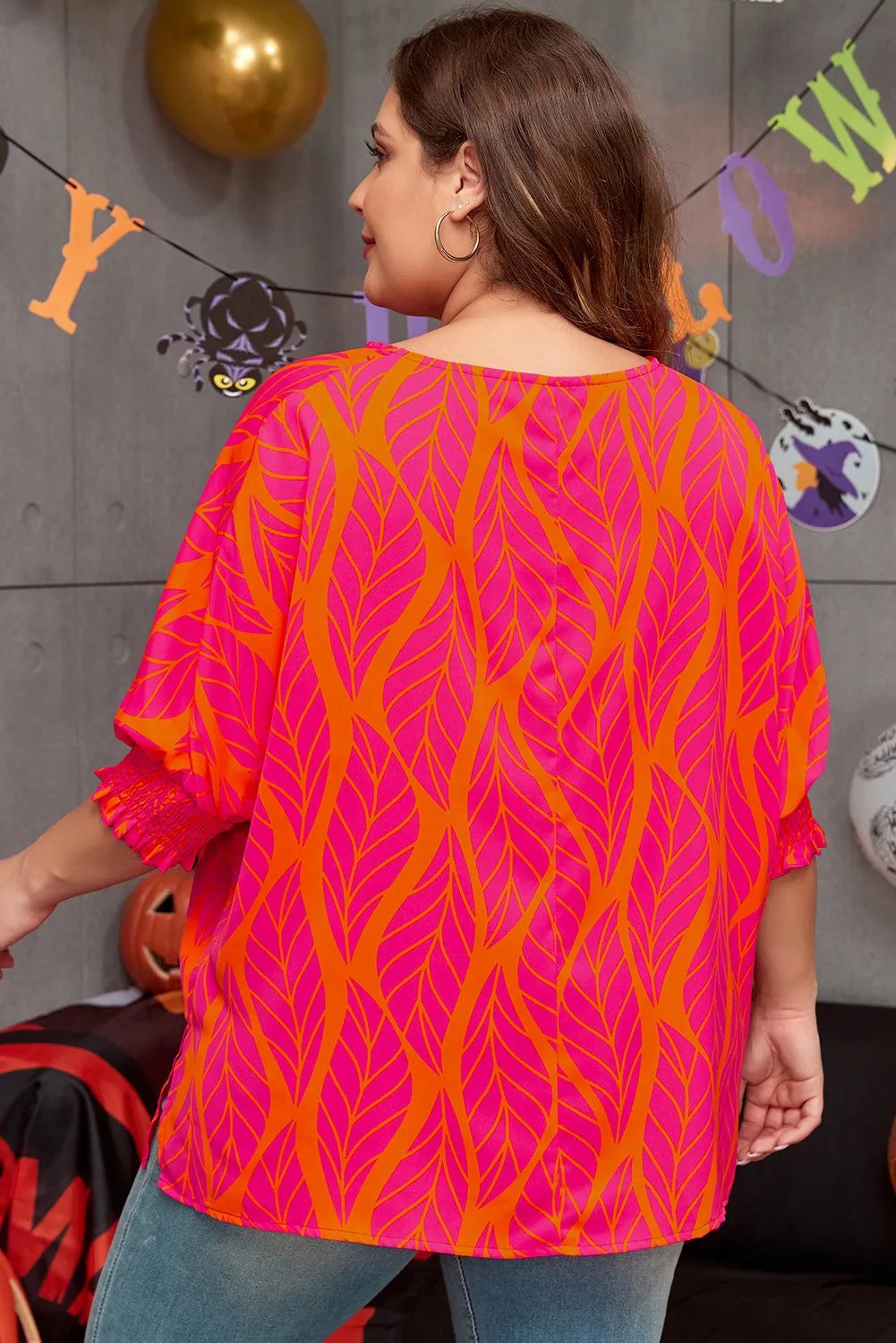 Leafy Print Smocked Lantern Sleeve Plus Size Blouse sold by Beagle Boutique product image thumbnail 2