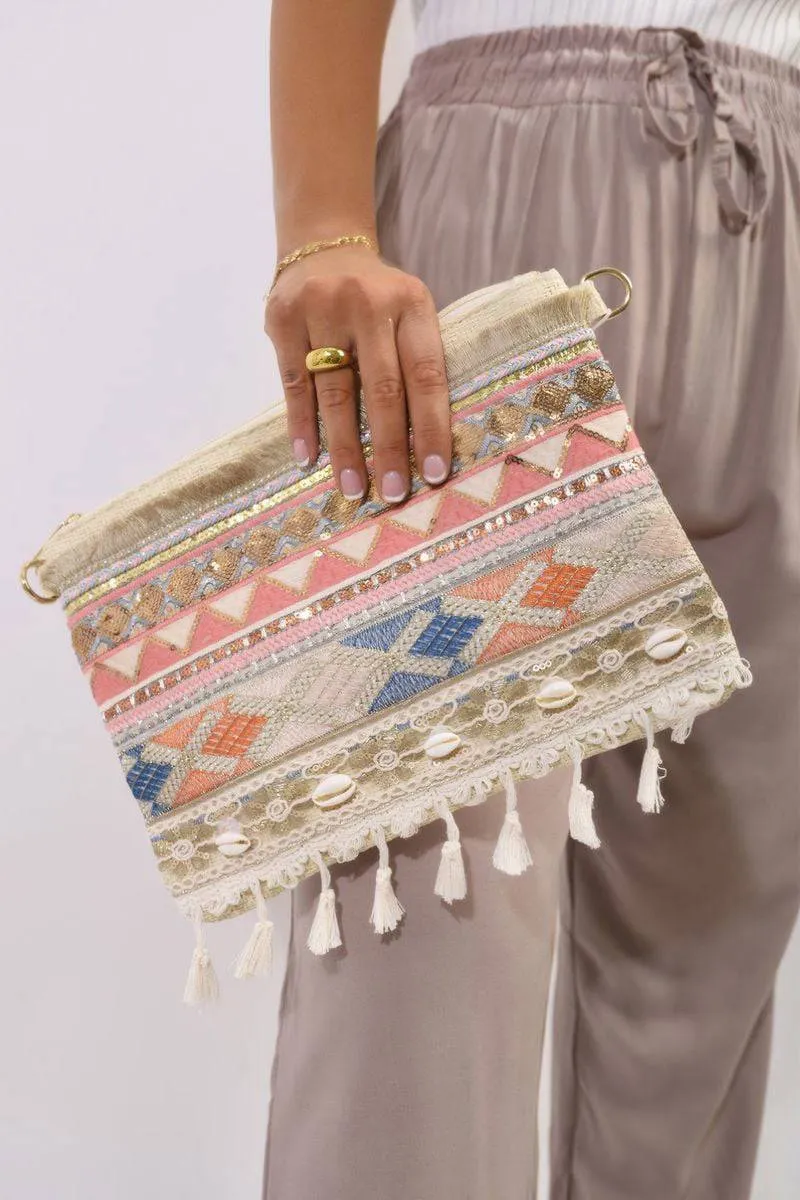 Pom Pom Boho Clutch Bag sold by Beagle Boutique