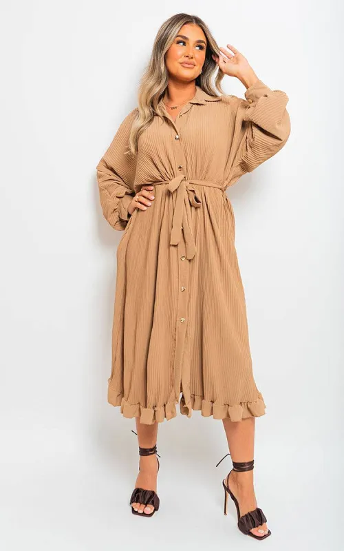 Pleated Frill Button Tie Waist Midi Dress sold by Beagle Boutique