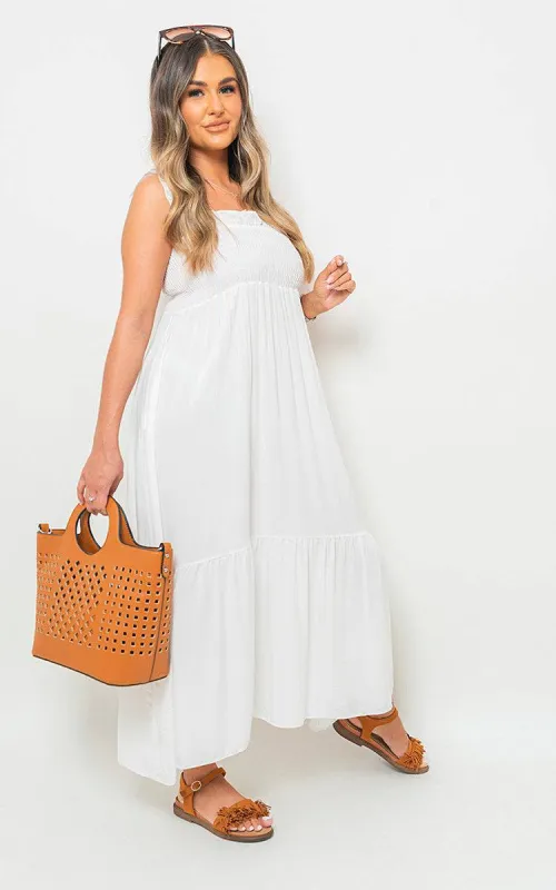 Wide Ruffle Strap Smocked Midi Dress sold by Beagle Boutique