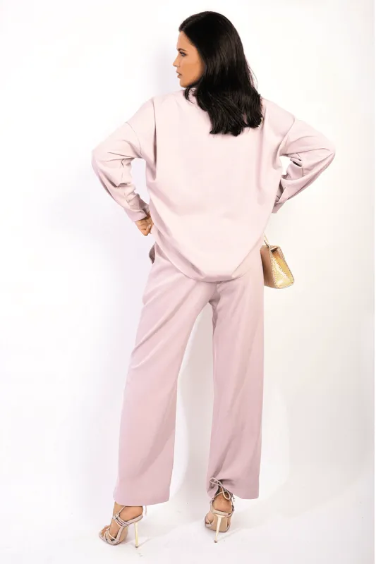V-neck Long Sleeve Top and Wide Leg Trousers Co-ord Set made by Moda