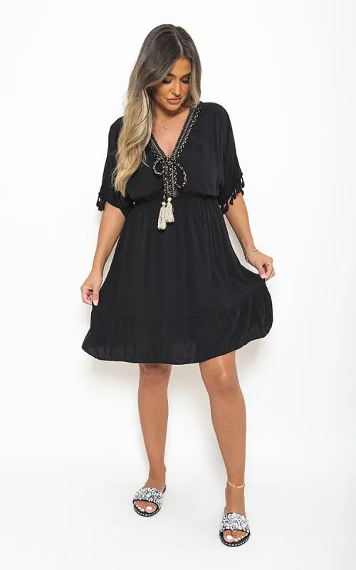 V-Neck Short Sleeve Midi Dress with Tassel Detail sold by Beagle Boutique