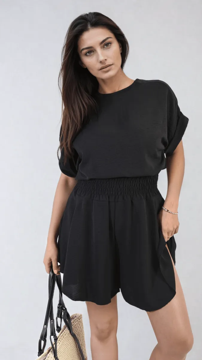 Roll Sleeve Top and Elastic Shirred Waistband and Shorts Co-ord Set sold by Beagle Boutique product image thumbnail 4