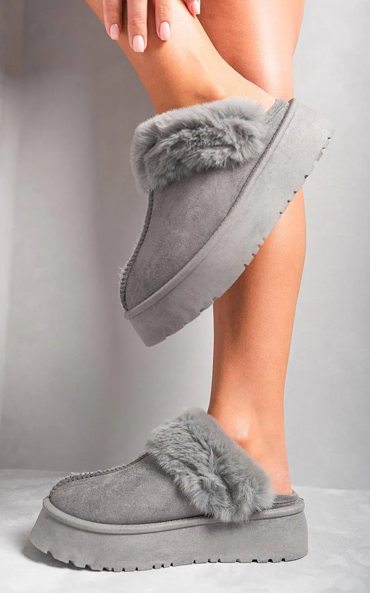 Faux Fur Trim Whisp Chunky Platform Slippers sold by Beagle Boutique