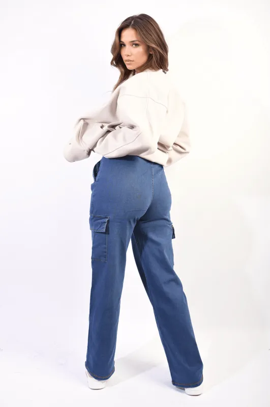 Drawstring Waist Flap Pocket Wide Leg Cargo Jeans sold by Beagle Boutique