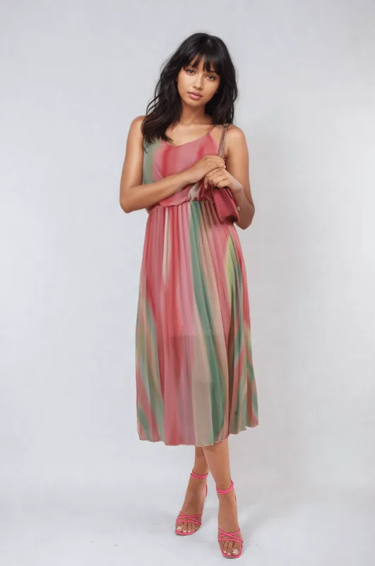 Multi Coloured Print Pleated Strappy Midi Dress sold by Beagle Boutique