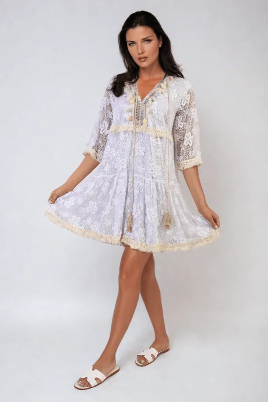 Floral Lace Tassel V-Neck Mini Dress sold by Beagle Boutique