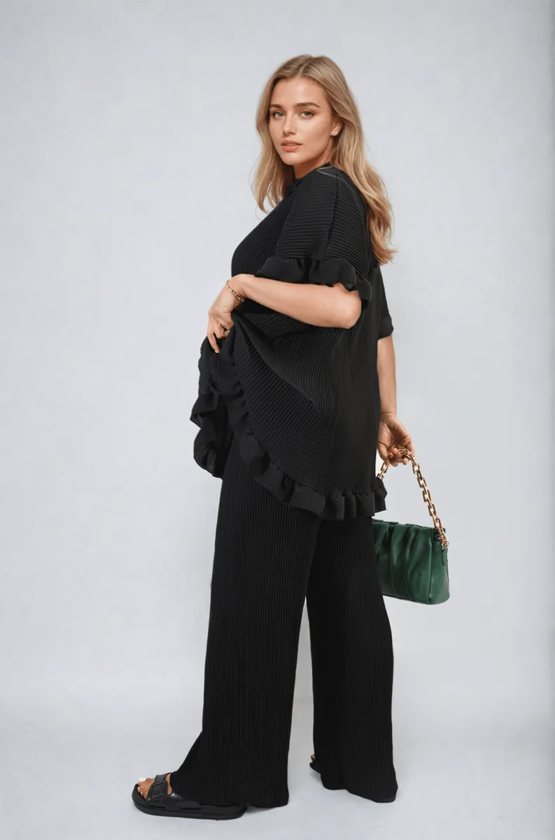 Button Pleated Frill Ruffle Top and Wide Leg Trouser Co-ord Set sold by Beagle Boutique product image thumbnail 3